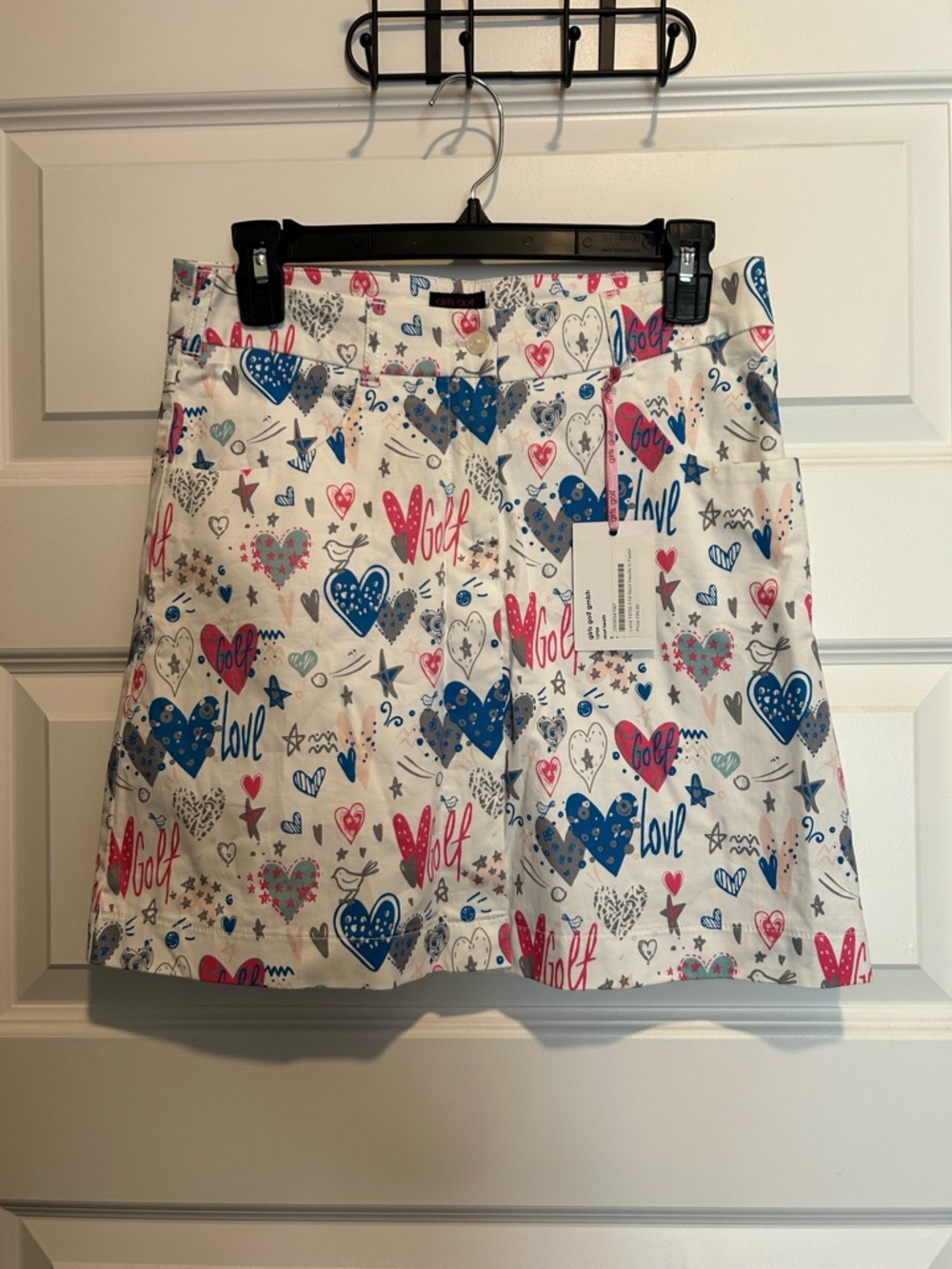 White A-Line Skirt with Blue & Pink Heart Print